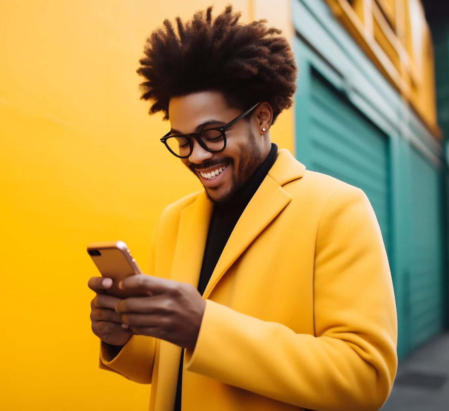 Happy man portrait with yellow lifestyle background (AI generated)